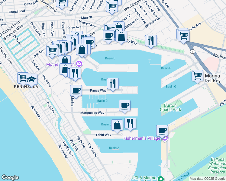 map of restaurants, bars, coffee shops, grocery stores, and more near in Marina del Rey
