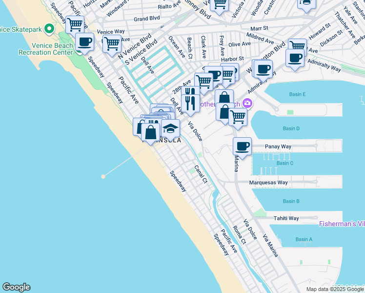 map of restaurants, bars, coffee shops, grocery stores, and more near 3115 Strongs Drive in Marina del Rey