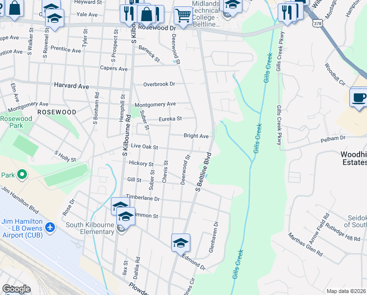 map of restaurants, bars, coffee shops, grocery stores, and more near 3910 Bright Avenue in Columbia