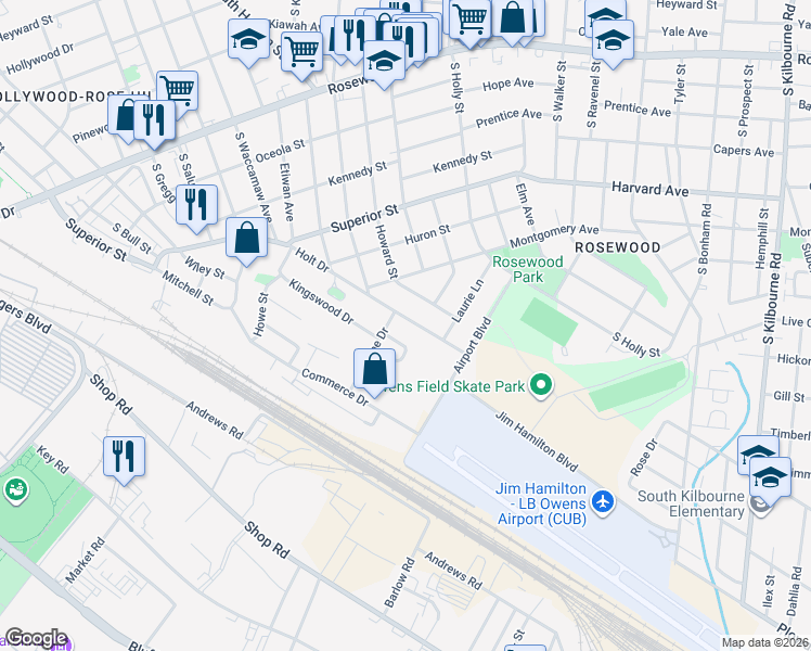 map of restaurants, bars, coffee shops, grocery stores, and more near 2728 Holt Drive in Columbia