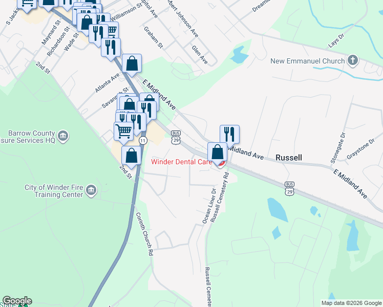 map of restaurants, bars, coffee shops, grocery stores, and more near 21 Lighthouse Drive in Winder