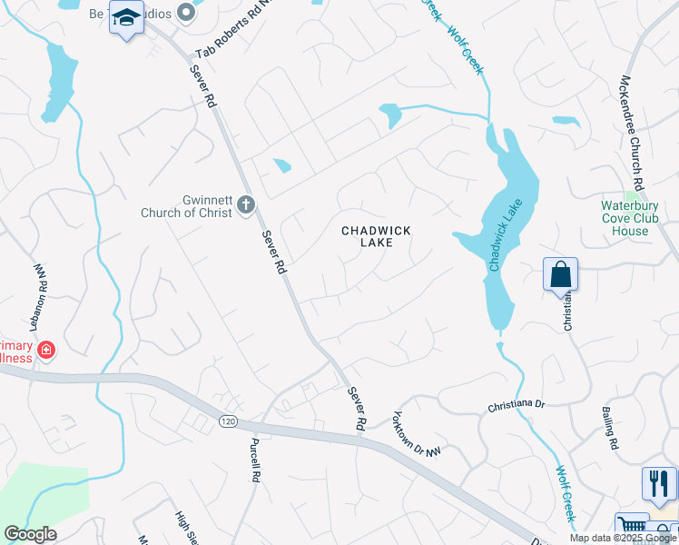 map of restaurants, bars, coffee shops, grocery stores, and more near 1632 Chadwick Ridge Drive Northwest in Lawrenceville