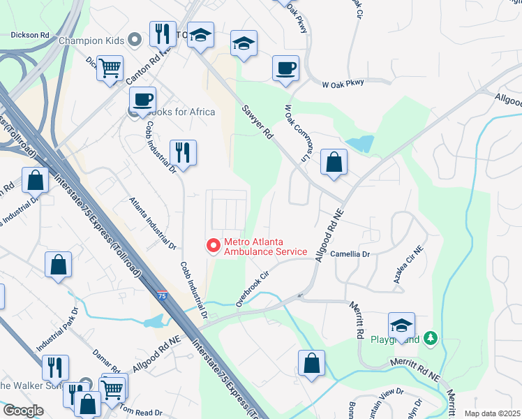 map of restaurants, bars, coffee shops, grocery stores, and more near 1113 Brook Avenue in Marietta