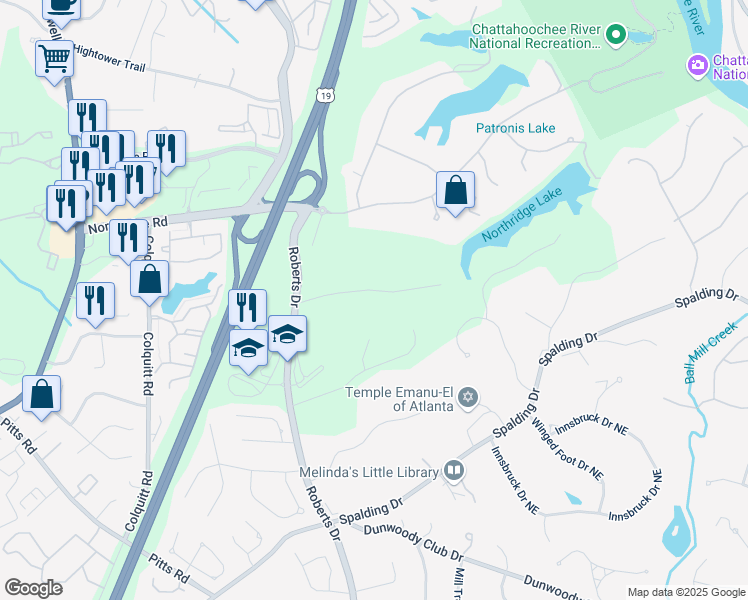 map of restaurants, bars, coffee shops, grocery stores, and more near 1555 Sunnybrook Farm Road in Atlanta
