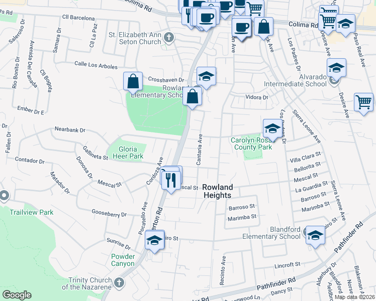 map of restaurants, bars, coffee shops, grocery stores, and more near 18220 Galatina Street in La Puente