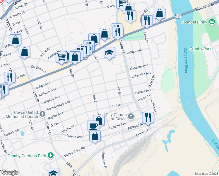 map of restaurants, bars, coffee shops, grocery stores, and more near 609 Lafayette Avenue in Cayce
