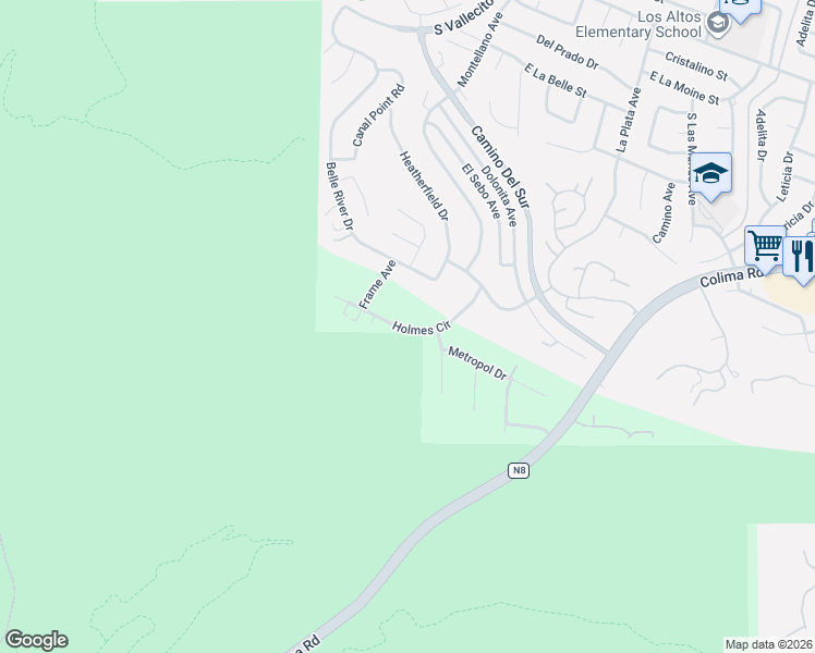map of restaurants, bars, coffee shops, grocery stores, and more near 3545 Holmes Circle in Hacienda Heights