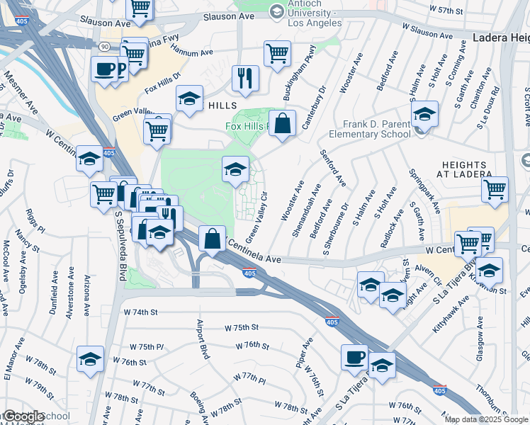 map of restaurants, bars, coffee shops, grocery stores, and more near 6510 Green Valley Circle in Culver City