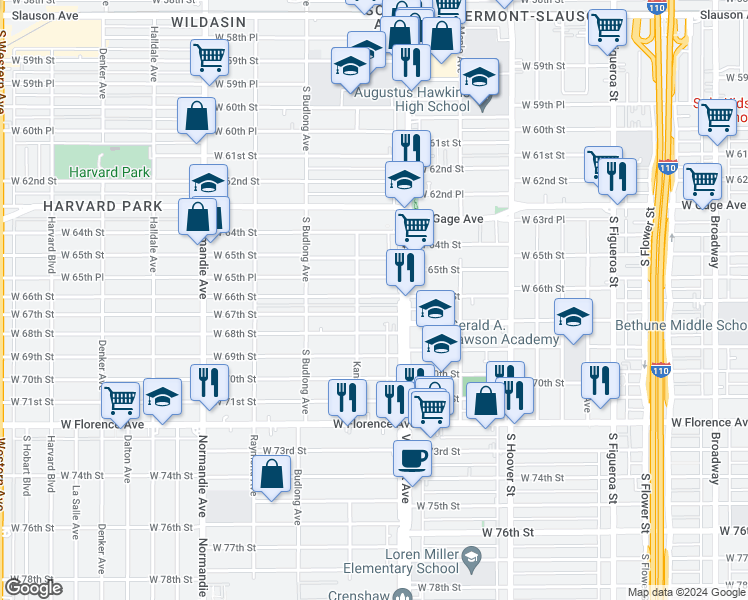map of restaurants, bars, coffee shops, grocery stores, and more near 1032 West 66th Street in Los Angeles