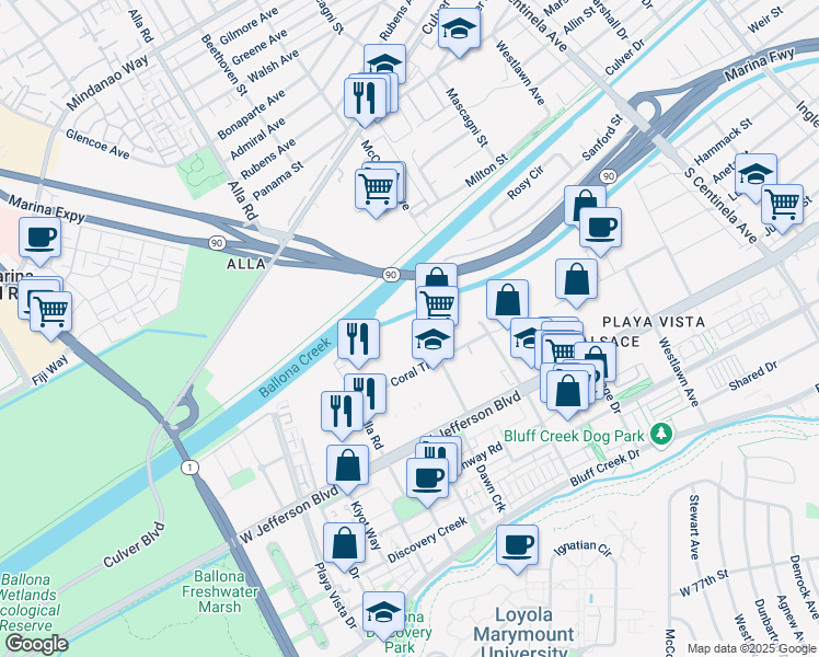 map of restaurants, bars, coffee shops, grocery stores, and more near 5301 Beethoven St in Los Angeles