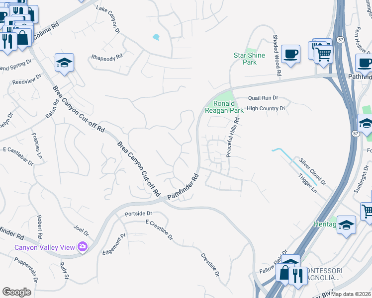 map of restaurants, bars, coffee shops, grocery stores, and more near 2403 Pointer Drive in Walnut