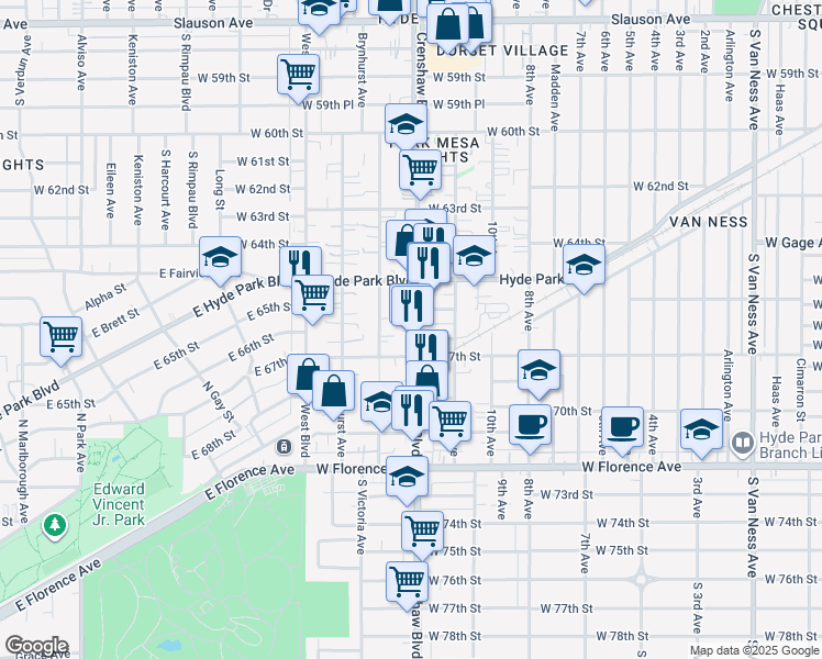 map of restaurants, bars, coffee shops, grocery stores, and more near 6621 Crenshaw Boulevard in Los Angeles