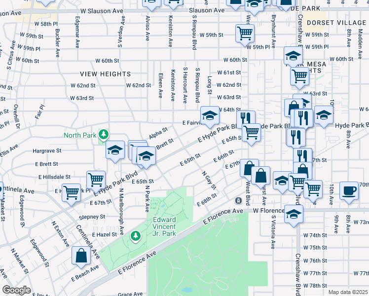 map of restaurants, bars, coffee shops, grocery stores, and more near E Hyde Park Blvd & N Gay St in Inglewood