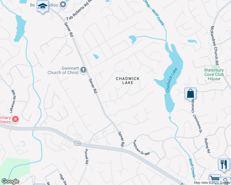 map of restaurants, bars, coffee shops, grocery stores, and more near 1632 Chadwick Ridge Drive Northwest in Lawrenceville