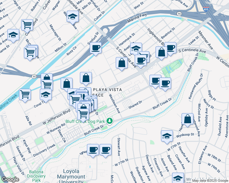 map of restaurants, bars, coffee shops, grocery stores, and more near 12490 West Fielding Circle in Los Angeles