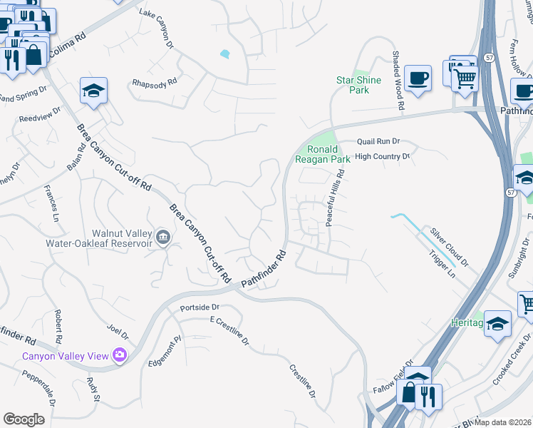 map of restaurants, bars, coffee shops, grocery stores, and more near 2410 Pointer Drive in Walnut