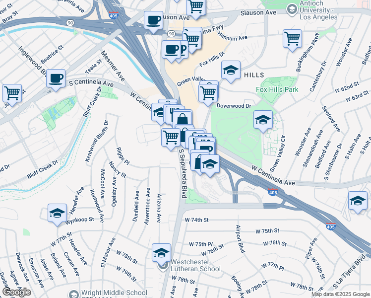map of restaurants, bars, coffee shops, grocery stores, and more near 6601-6673 Center Drive West in Los Angeles