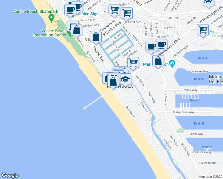 map of restaurants, bars, coffee shops, grocery stores, and more near 2 Washington Boulevard in Los Angeles