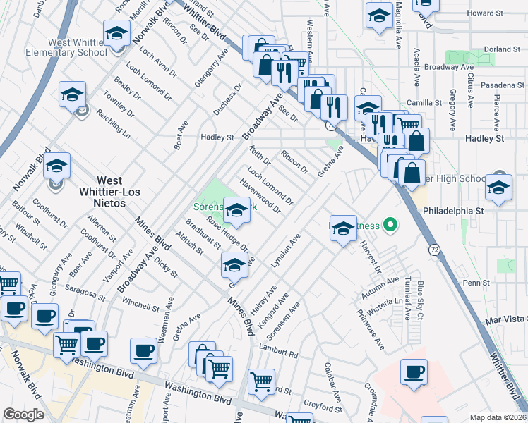 map of restaurants, bars, coffee shops, grocery stores, and more near 11531 Bexley Drive in Whittier