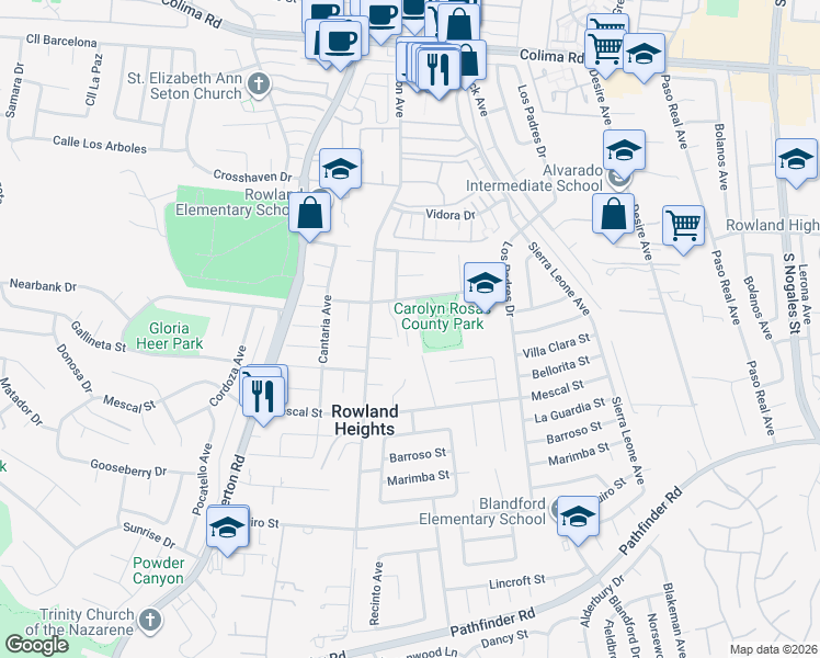 map of restaurants, bars, coffee shops, grocery stores, and more near Farjardo Street in Rowland Heights