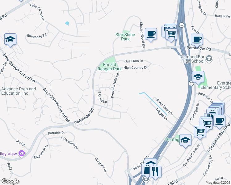 map of restaurants, bars, coffee shops, grocery stores, and more near 20809 East Crest Lane in Walnut