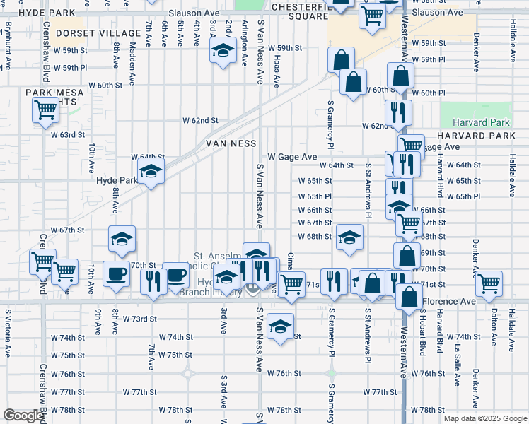 map of restaurants, bars, coffee shops, grocery stores, and more near 6600 South Van Ness Avenue in Los Angeles