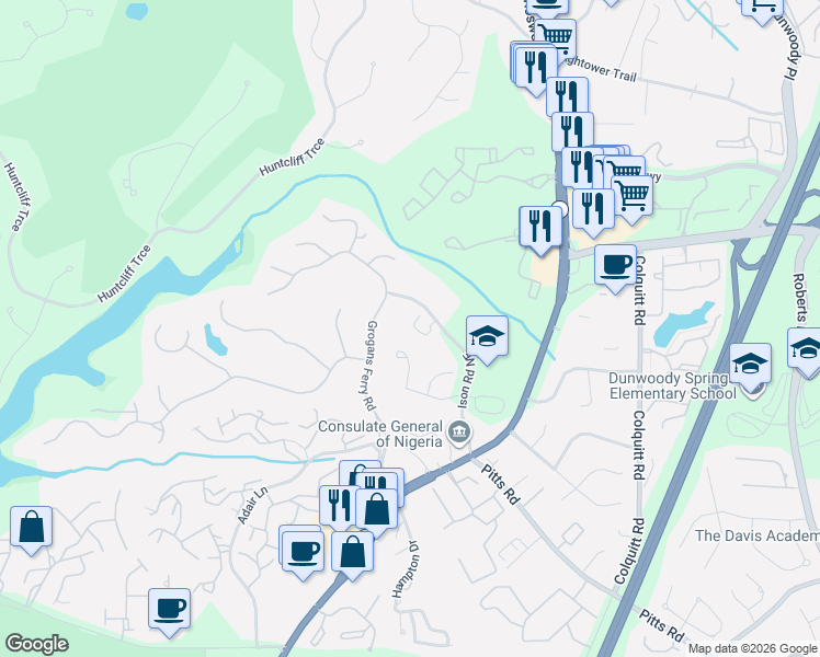 map of restaurants, bars, coffee shops, grocery stores, and more near 8195 Grogans Ferry Road in Atlanta