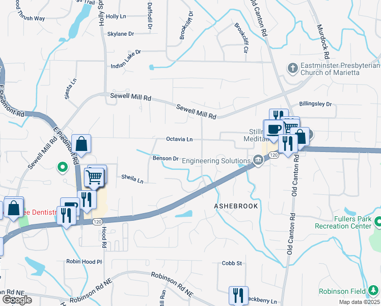 map of restaurants, bars, coffee shops, grocery stores, and more near 2797 Benson Drive in Marietta