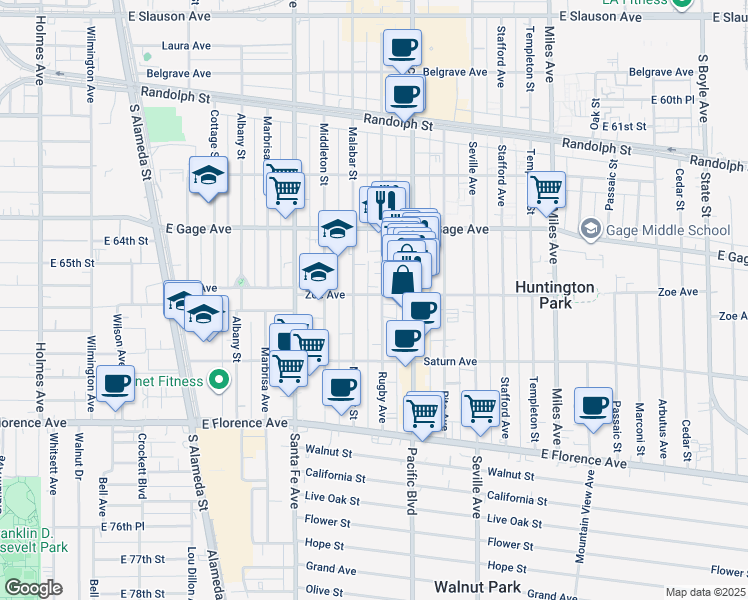 map of restaurants, bars, coffee shops, grocery stores, and more near 2507 Zoe Avenue in Huntington Park