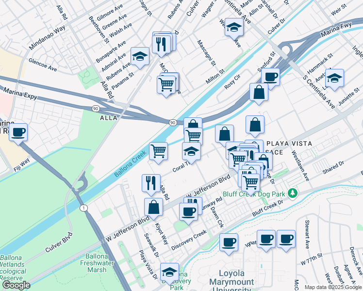 map of restaurants, bars, coffee shops, grocery stores, and more near 5301 Beethoven Street in Los Angeles