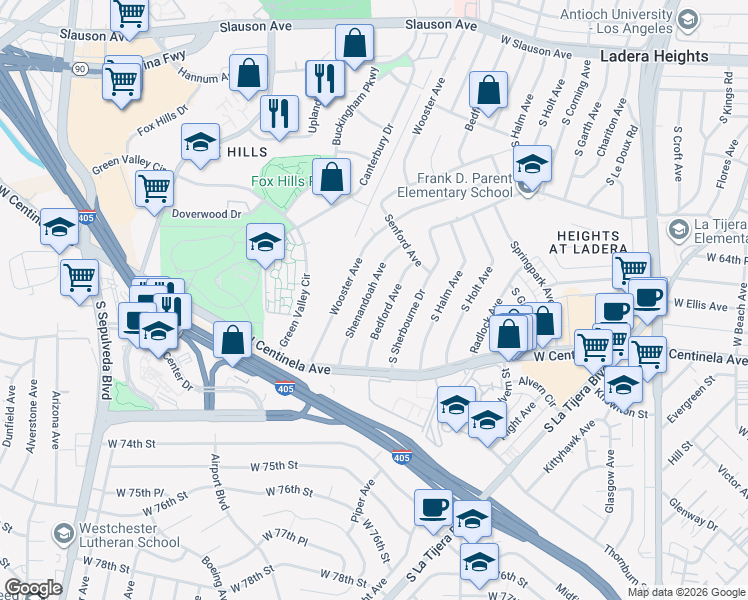 map of restaurants, bars, coffee shops, grocery stores, and more near 6603 Shenandoah Avenue in Los Angeles