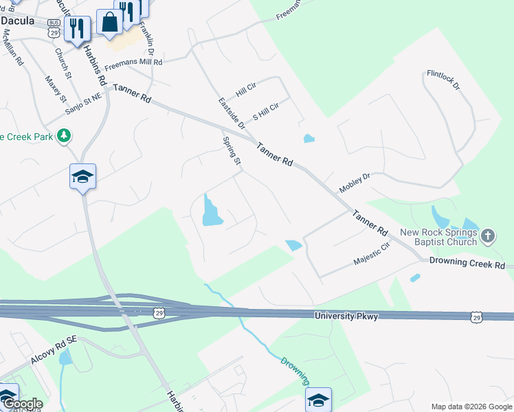 map of restaurants, bars, coffee shops, grocery stores, and more near 668 William Street in Dacula