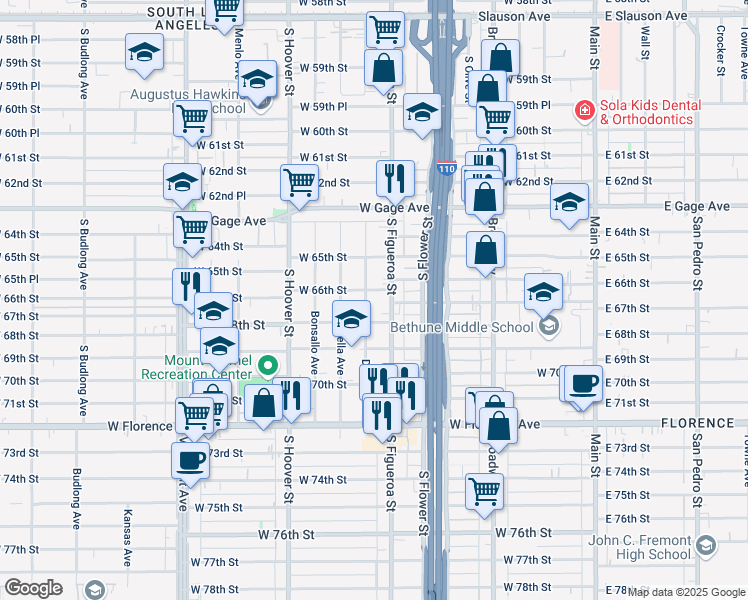 map of restaurants, bars, coffee shops, grocery stores, and more near 6606 Denver Avenue in Los Angeles