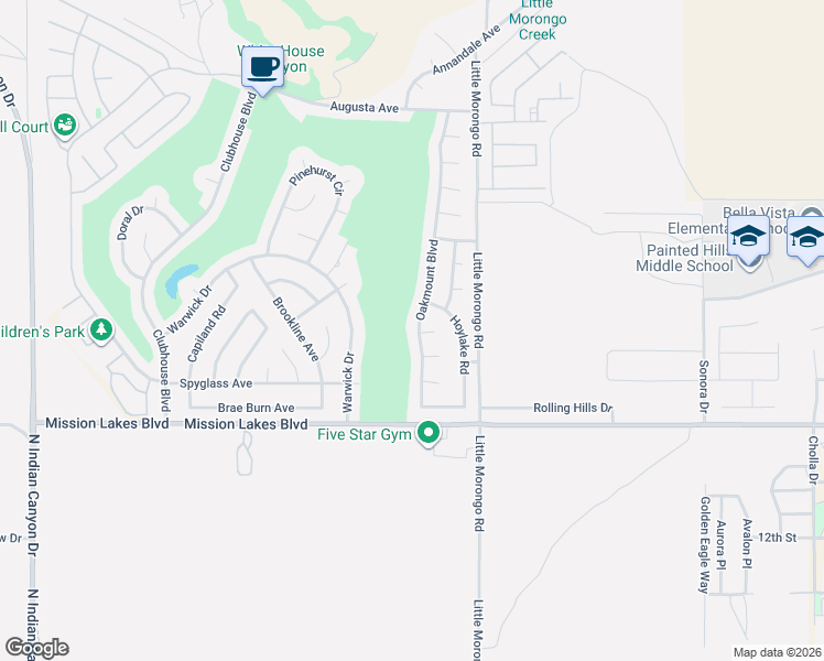 map of restaurants, bars, coffee shops, grocery stores, and more near 9555 Oakmount Boulevard in Desert Hot Springs