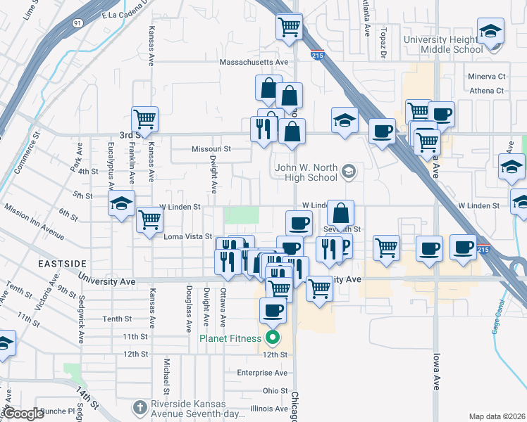 map of restaurants, bars, coffee shops, grocery stores, and more near 3486 Anderson Avenue in Riverside