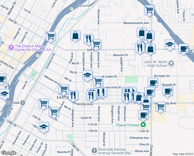 map of restaurants, bars, coffee shops, grocery stores, and more near 3490 Kansas Avenue in Riverside