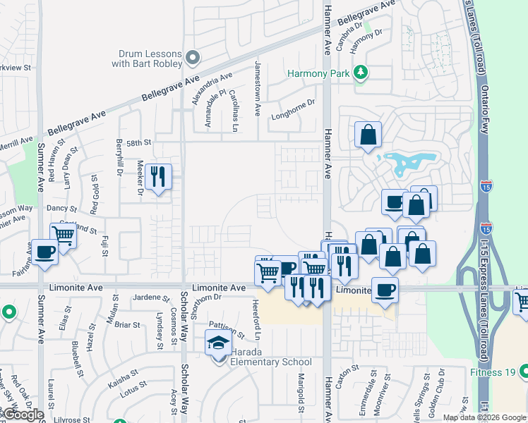 map of restaurants, bars, coffee shops, grocery stores, and more near 12741 Limonite Ave in Corona