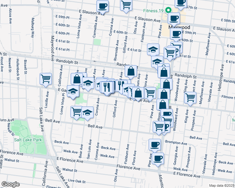 map of restaurants, bars, coffee shops, grocery stores, and more near 6331 Gifford Avenue in Bell