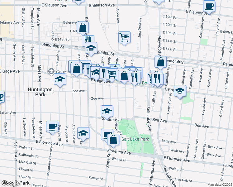 map of restaurants, bars, coffee shops, grocery stores, and more near 6427 Newell Street in Huntington Park
