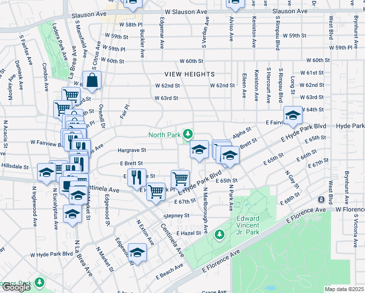 map of restaurants, bars, coffee shops, grocery stores, and more near 1316 Welton Way in Inglewood