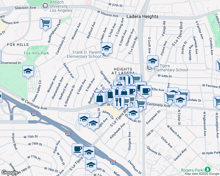 map of restaurants, bars, coffee shops, grocery stores, and more near 6625 South Springpark Avenue in Los Angeles