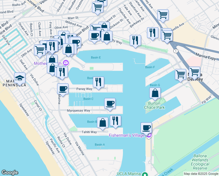 map of restaurants, bars, coffee shops, grocery stores, and more near 13915 Panay Way in Marina del Rey
