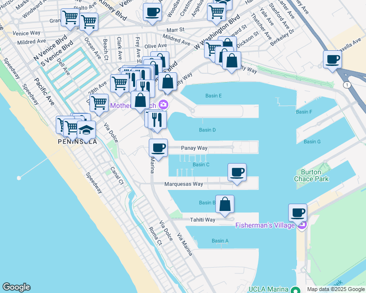 map of restaurants, bars, coffee shops, grocery stores, and more near 14045 Panay Way in Marina del Rey
