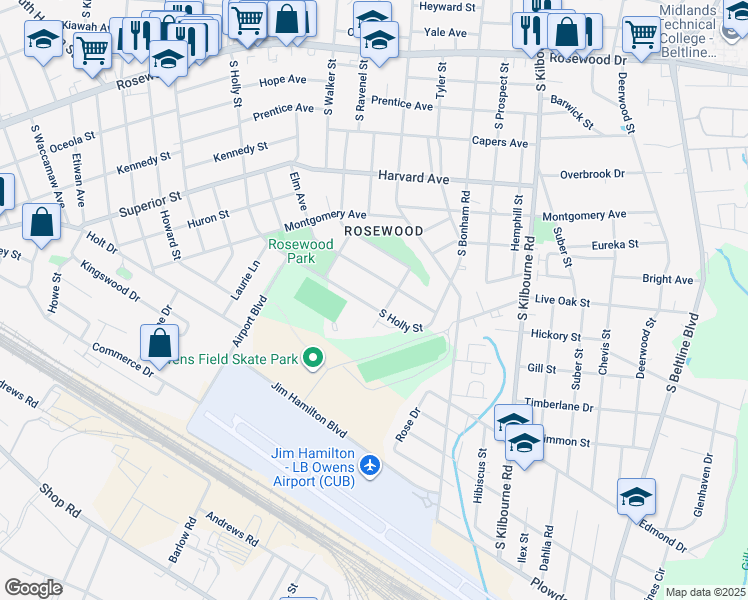 map of restaurants, bars, coffee shops, grocery stores, and more near 1053 Elm Avenue in Columbia