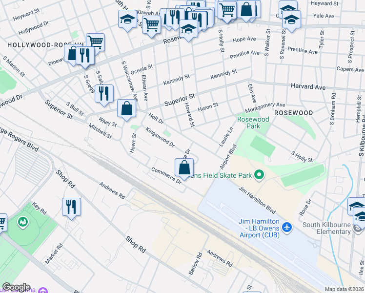 map of restaurants, bars, coffee shops, grocery stores, and more near 2728 Holt Drive in Columbia