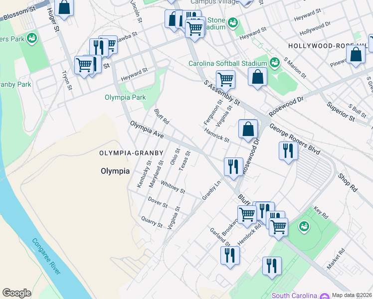 map of restaurants, bars, coffee shops, grocery stores, and more near 1150 Olympia Avenue in Columbia