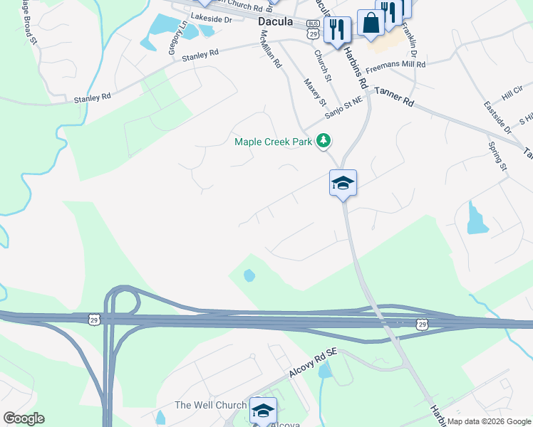 map of restaurants, bars, coffee shops, grocery stores, and more near 2323 Robin Ridge Drive Southeast in Dacula