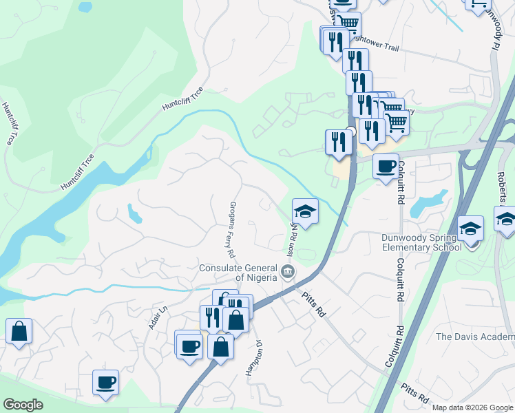 map of restaurants, bars, coffee shops, grocery stores, and more near 8195 Grogans Ferry Road in Atlanta