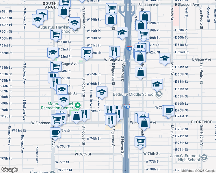 map of restaurants, bars, coffee shops, grocery stores, and more near 6606 Denver Avenue in Los Angeles