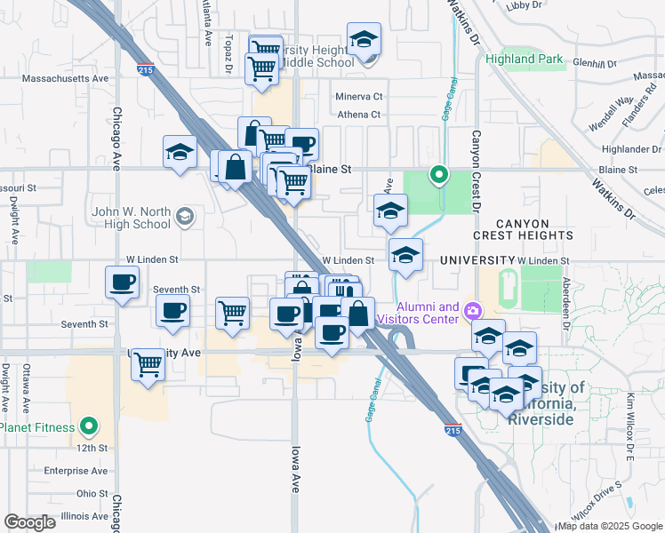map of restaurants, bars, coffee shops, grocery stores, and more near 1250 West Linden Street in Riverside